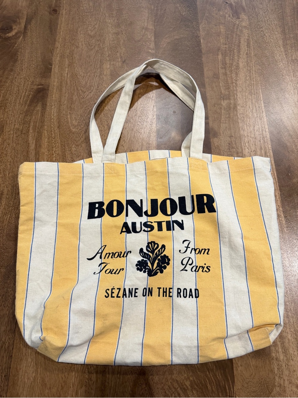 Sezane Yellow Stripe 'Bonjour Austin' Canvas Tote Bag